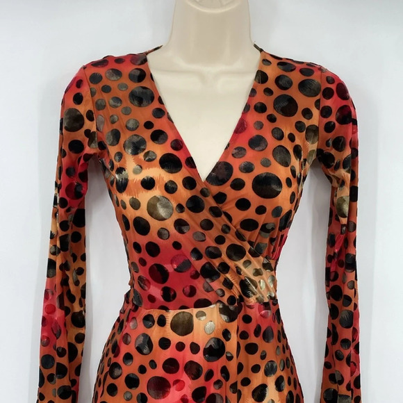 Huminska NY Faux Wrap Dress Womens Sz 0 Orange Burnout Velvet Long Sleeve V-Neck - Picture 3 of 12